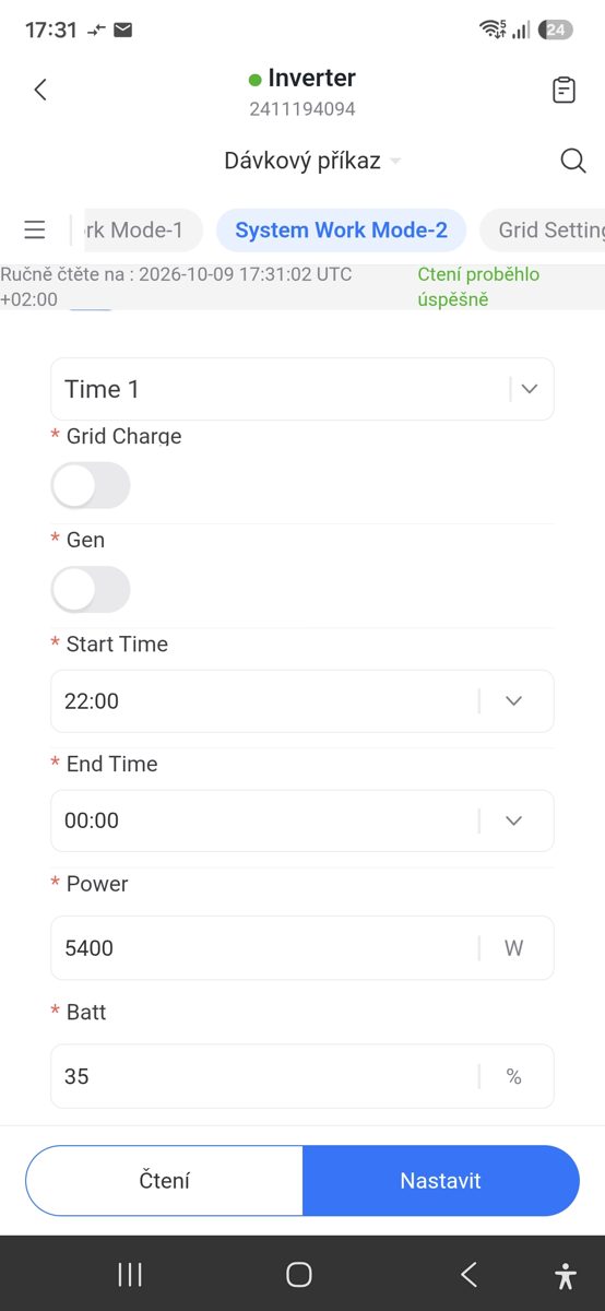 Nastavenie slotu Time 1 v aplikácii SOLARMAN pre striedač Deye